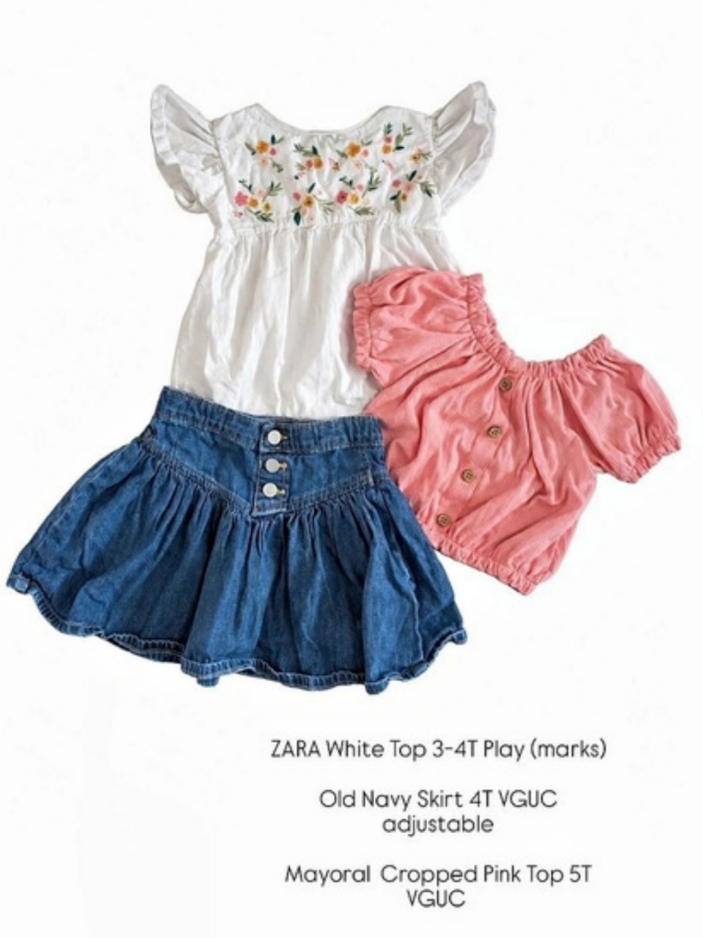 Girls 4T Bundle - Denim Skirt, Zara Floral Peplum Embroidered Top, Pink Shirt